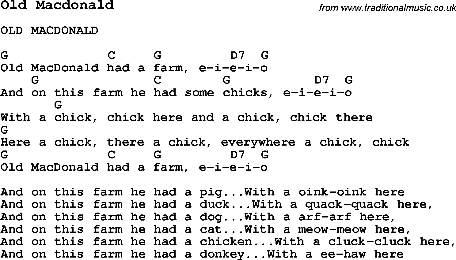 Old Macdonald Had A Farm Guitar Chords